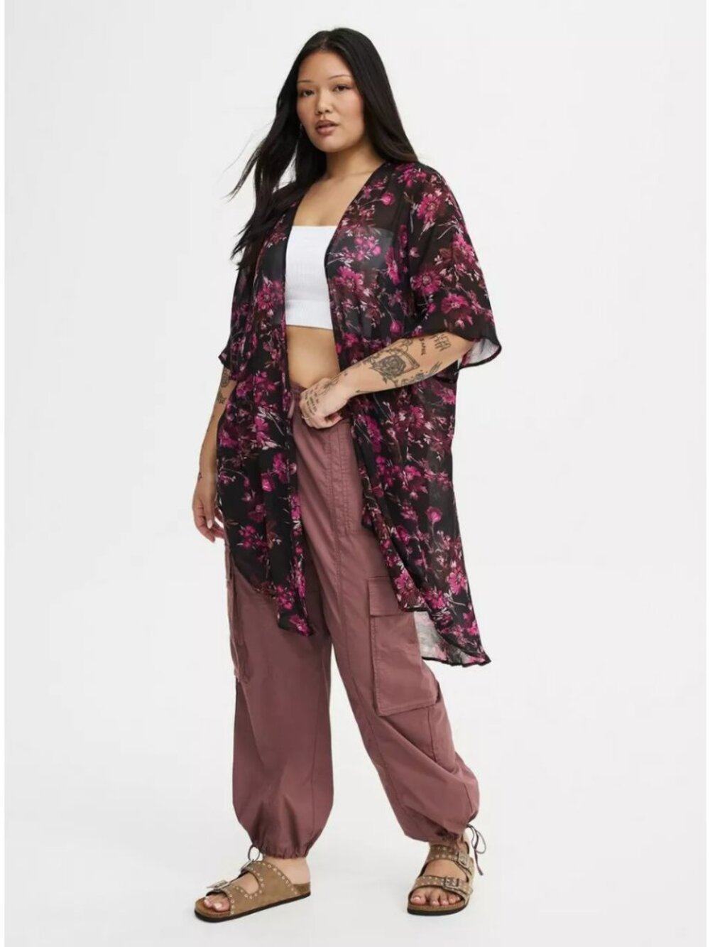 Torrid Black Floral Sheer Chiffon Kimono Whimsigoth Boho‎ Festival Layering